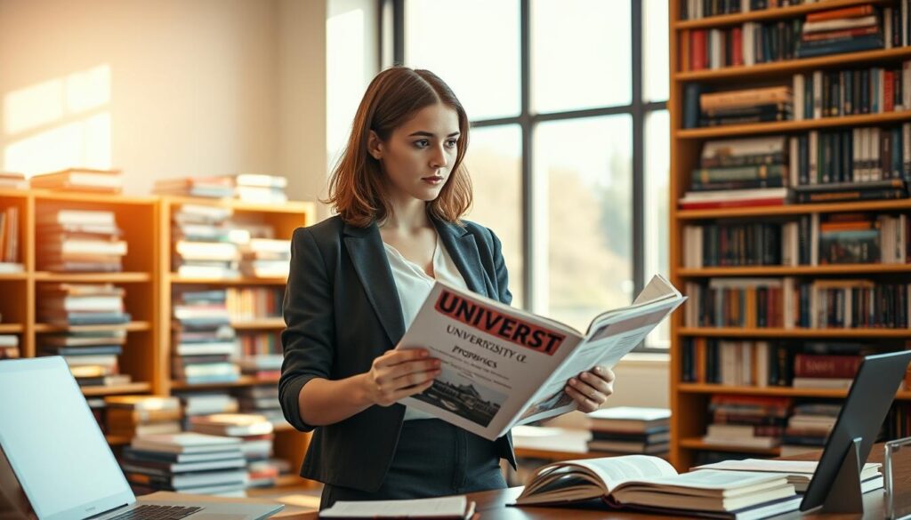 A young student, dressed in smart casual attire, stands in a well-lit library filled with an array of books on various subjects. The student, a young woman with shoulder-length brown hair, is thoughtfully examining a university prospectus, with a look of contemplation on her face. In the background, stacks of books representing different fields of study, such as engineering, humanities, and sciences are arranged neatly. Soft, warm lighting casts a welcoming glow, while a large window reveals a sunny day outside. On a nearby table, a laptop and notebooks are open, showcasing notes and study materials. The atmosphere conveys determination and hope, as the student makes important decisions about her future studies after achieving a 30 percent score on her matura exam. A young student, dressed in smart casual attire, stands in a well-lit library filled with an array of books on various subjects. The student, a young woman with shoulder-length brown hair, is thoughtfully examining a university prospectus, with a look of contemplation on her face. In the background, stacks of books representing different fields of study, such as engineering, humanities, and sciences are arranged neatly. Soft, warm lighting casts a welcoming glow, while a large window reveals a sunny day outside. On a nearby table, a laptop and notebooks are open, showcasing notes and study materials. The atmosphere conveys determination and hope, as the student makes important decisions about her future studies after achieving a 30 percent score on her matura exam.