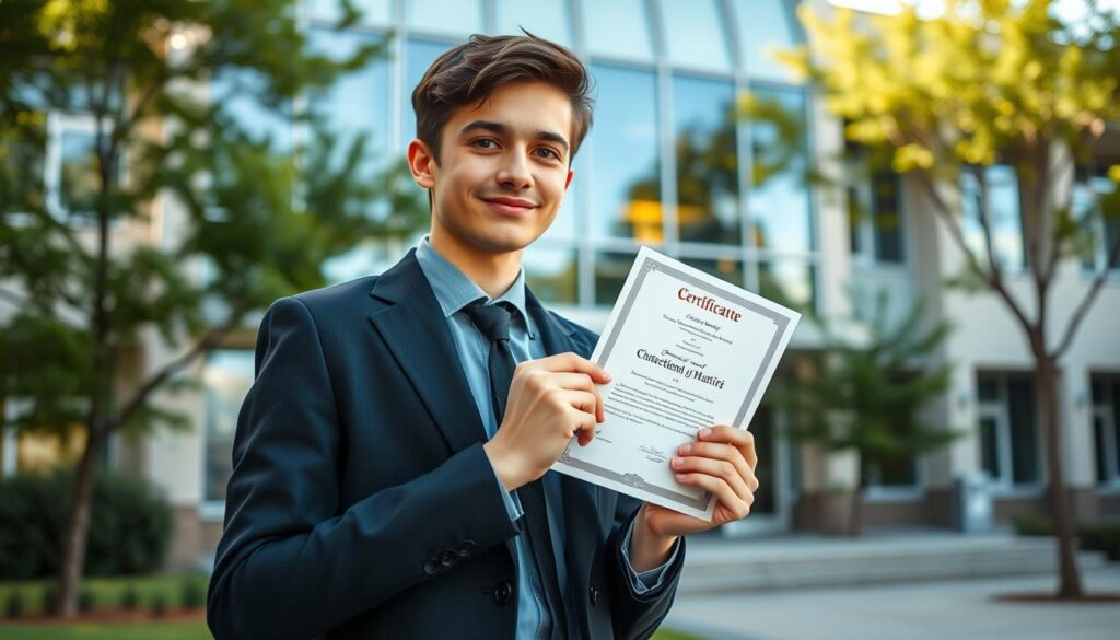 A young student in professional business attire stands proudly in front of a modern high school building, holding a certificate of maturity (świadectwo dojrzałości) in their hands. The foreground features a focused expression on the student, who has a slight smile, embodying a sense of achievement. In the middle ground, the school's architecture is visible, showcasing large windows and an inviting entrance. The background features greenery, with trees and bushes that add a sense of tranquility to the scene. Soft, natural lighting illuminates the scene, suggesting a bright afternoon. The overall mood is one of hope, accomplishment, and the promise of future educational opportunities. The composition is shot from a slightly low angle, emphasizing the student's proud moment and the importance of their certification.
