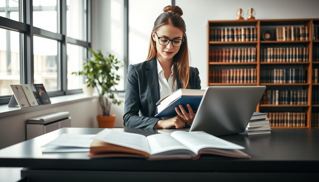 A young woman in professional business attire, holding a stack of law books and looking thoughtfully at a laptop in a modern office environment. In the foreground, there are various legal documents spread on a sleek desk. The middle layer features a large window with natural light streaming in, casting soft shadows, and a small potted plant for a touch of greenery. In the background, a bookshelf filled with law-related texts and awards creates a professional atmosphere. The overall mood is one of determination and focus, suggesting the transition from law studies to practical application in a career. The image should be well-lit, using a warm tone to create a welcoming yet serious ambiance. A young woman in professional business attire, holding a stack of law books and looking thoughtfully at a laptop in a modern office environment. In the foreground, there are various legal documents spread on a sleek desk. The middle layer features a large window with natural light streaming in, casting soft shadows, and a small potted plant for a touch of greenery. In the background, a bookshelf filled with law-related texts and awards creates a professional atmosphere. The overall mood is one of determination and focus, suggesting the transition from law studies to practical application in a career. The image should be well-lit, using a warm tone to create a welcoming yet serious ambiance.