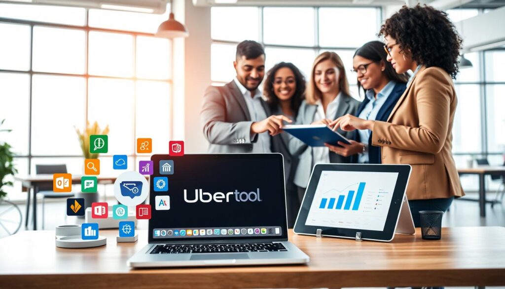 An array of online tools represented as sleek, modern digital interfaces on a stylish workspace. In the foreground, a laptop displays the Ubertool logo on its screen, surrounded by vibrant app icons symbolizing various online functionalities like data analysis, project management, and design. The middle ground features a tablet showing a graph and charts to showcase analytics capabilities. In the background, a contemporary office with bright, natural lighting streaming in through large windows reflects an imaginative and professional atmosphere. A diverse group of three individuals dressed in business casual attire collaborates, pointing at the laptop screen, embodying engagement and teamwork. The composition emphasizes innovation, technology, and productivity while ensuring a clean, organized visual presentation without any text or distractions. An array of online tools represented as sleek, modern digital interfaces on a stylish workspace. In the foreground, a laptop displays the Ubertool logo on its screen, surrounded by vibrant app icons symbolizing various online functionalities like data analysis, project management, and design. The middle ground features a tablet showing a graph and charts to showcase analytics capabilities. In the background, a contemporary office with bright, natural lighting streaming in through large windows reflects an imaginative and professional atmosphere. A diverse group of three individuals dressed in business casual attire collaborates, pointing at the laptop screen, embodying engagement and teamwork. The composition emphasizes innovation, technology, and productivity while ensuring a clean, organized visual presentation without any text or distractions.