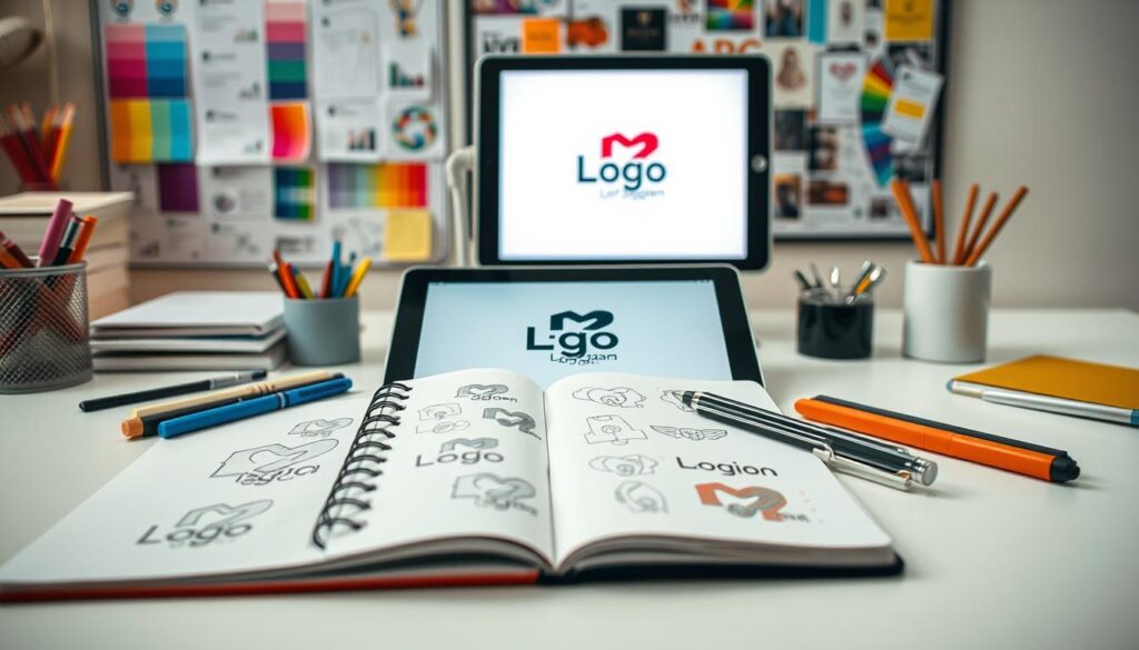 An artistic representation of the stages of logo design, featuring a well-organized workspace. In the foreground, a sketchbook open to various logo drafts, adorned with colorful markers and design tools, captures the brainstorming phase. The middle ground showcases a digital tablet displaying a refined logo concept, with a stylus gently resting beside it. In the background, a wall-mounted mood board filled with color swatches and design inspiration creates a creative atmosphere. Soft, diffused lighting enhances the scene, casting gentle shadows and highlighting the textures of the materials. The overall mood is focused and innovative, emphasizing the iterative process of logo creation in a professional and inspiring setting.