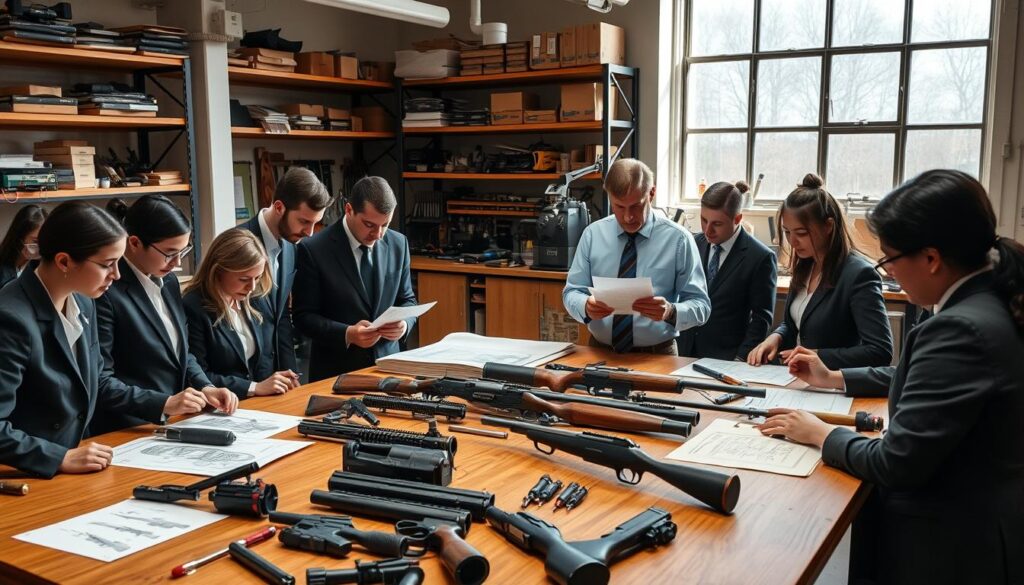 An educational setting depicting a "gunsmithing course." In the foreground, a diverse group of students in professional business attire is engaged in hands-on activities, carefully examining various firearm components on a large wooden workbench. In the middle ground, a knowledgeable instructor demonstrates techniques with tools and equipment, surrounded by detailed blueprints and manuals illustrating firearms design. The background features a well-lit workshop with organized shelves lined with tools, machinery, and safety equipment. Natural light streams through large windows, creating a bright and focused atmosphere. The mood is one of curiosity and determination, capturing the essence of learning and craftsmanship in gunsmithing. An educational setting depicting a "gunsmithing course." In the foreground, a diverse group of students in professional business attire is engaged in hands-on activities, carefully examining various firearm components on a large wooden workbench. In the middle ground, a knowledgeable instructor demonstrates techniques with tools and equipment, surrounded by detailed blueprints and manuals illustrating firearms design. The background features a well-lit workshop with organized shelves lined with tools, machinery, and safety equipment. Natural light streams through large windows, creating a bright and focused atmosphere. The mood is one of curiosity and determination, capturing the essence of learning and craftsmanship in gunsmithing.