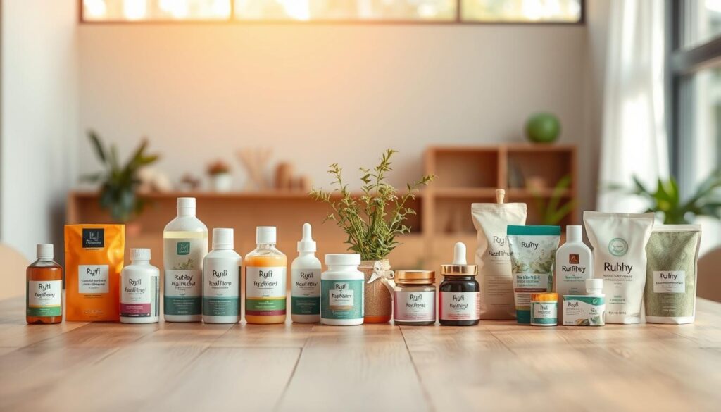 An elegant display of a variety of Ruhhy products arranged thoughtfully on a modern wooden table, showcasing innovative packaging and vibrant colors. In the foreground, feature neatly aligned items with rich textures, such as organic skincare products, health supplements, and eco-friendly household goods, each labeled tastefully. In the middle ground, include subtle props like fresh greenery or minimalist decor that hints at a sustainable lifestyle, enhancing the product focus. The background should be softly lit with warm, inviting light filtering in through a large window, suggesting a bright and airy atmosphere. The scene should evoke a sense of freshness, quality, and modernity, with a slight bokeh effect around the edges to emphasize the products as the central theme. An elegant display of a variety of Ruhhy products arranged thoughtfully on a modern wooden table, showcasing innovative packaging and vibrant colors. In the foreground, feature neatly aligned items with rich textures, such as organic skincare products, health supplements, and eco-friendly household goods, each labeled tastefully. In the middle ground, include subtle props like fresh greenery or minimalist decor that hints at a sustainable lifestyle, enhancing the product focus. The background should be softly lit with warm, inviting light filtering in through a large window, suggesting a bright and airy atmosphere. The scene should evoke a sense of freshness, quality, and modernity, with a slight bokeh effect around the edges to emphasize the products as the central theme.