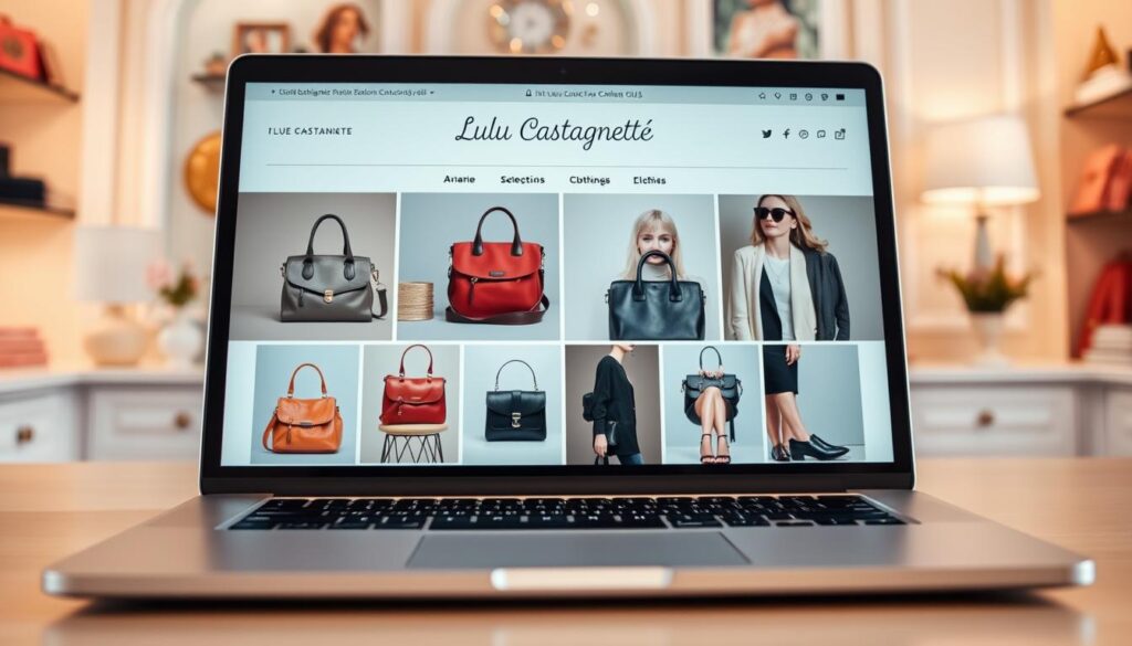 An elegant online shopping interface for "Lulu Castagnette," showcasing a variety of stylish women's fashion items, including bags, clothing, and accessories. In the foreground, a sleek laptop displays the website's homepage featuring vibrant and sophisticated product images. In the middle, a tastefully designed workspace with a soft-focus background of pastel-colored décor that evokes a chic boutique atmosphere. Soft, ambient lighting creates a warm and inviting mood, highlighting the products. The angle is slightly above the laptop, capturing the essence of online shopping and the allure of the Lulu Castagnette brand. The scene is free of any text or branding elements, focusing solely on the beauty of the product display and shopping experience. An elegant online shopping interface for "Lulu Castagnette," showcasing a variety of stylish women's fashion items, including bags, clothing, and accessories. In the foreground, a sleek laptop displays the website's homepage featuring vibrant and sophisticated product images. In the middle, a tastefully designed workspace with a soft-focus background of pastel-colored décor that evokes a chic boutique atmosphere. Soft, ambient lighting creates a warm and inviting mood, highlighting the products. The angle is slightly above the laptop, capturing the essence of online shopping and the allure of the Lulu Castagnette brand. The scene is free of any text or branding elements, focusing solely on the beauty of the product display and shopping experience.