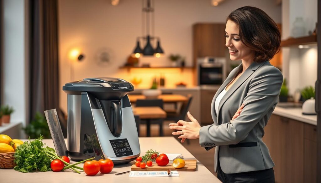 An inviting workspace featuring a well-dressed professional woman in business attire, confidently engaging with a sleek Thermomix kitchen appliance on a modern kitchen counter. In the foreground, she is demonstrating its various features, with fresh ingredients and recipe cards neatly arranged around her. In the middle ground, a cozy dining area can be glimpsed, adorned with warm lighting and contemporary decor. The background showcases a stylish kitchen with vibrant colors, emphasizing productivity and innovation. The lighting is bright and soft, creating an uplifting and motivational atmosphere. The overall mood conveys professionalism, enthusiasm, and the idea of embarking on a rewarding career journey as a Thermomix representative. An inviting workspace featuring a well-dressed professional woman in business attire, confidently engaging with a sleek Thermomix kitchen appliance on a modern kitchen counter. In the foreground, she is demonstrating its various features, with fresh ingredients and recipe cards neatly arranged around her. In the middle ground, a cozy dining area can be glimpsed, adorned with warm lighting and contemporary decor. The background showcases a stylish kitchen with vibrant colors, emphasizing productivity and innovation. The lighting is bright and soft, creating an uplifting and motivational atmosphere. The overall mood conveys professionalism, enthusiasm, and the idea of embarking on a rewarding career journey as a Thermomix representative.