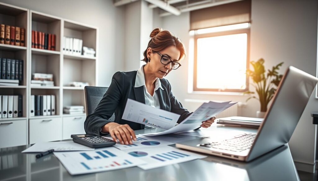 An office setting with a professional, middle-aged woman in business attire sitting at a sleek desk, focused on her work. She is analyzing financial charts and documents spread out before her, with a calculator and a laptop displaying spreadsheets. In the background, a large window lets in natural light, casting a warm glow over the room. Shelves filled with books on business and finance are visible, along with a plant adding a touch of greenery. The atmosphere is serious yet inspiring, emphasizing productivity and analysis. The camera angle is slightly elevated, capturing the woman's concentration and the organized chaos of her workspace, suggesting a moment of clarity in understanding how to calculate a company's turnover.