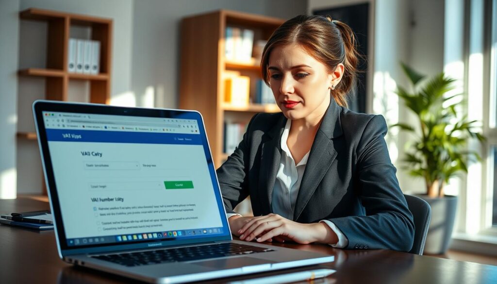 An office setting with a professional woman in business attire seated at a desk, intently examining a computer screen displaying a detailed VAT number verification interface. In the foreground, a laptop with the VAT checking website is visible, accompanied by a notepad and a pen. The middle layer features the woman, focused and engaged, with natural light streaming in from a window, creating a warm, inviting atmosphere. The background includes a modern office environment with bookshelves and a potted plant for a touch of greenery. The overall mood is one of professionalism and diligence, reflecting the process of checking a company's VAT number step by step. An office setting with a professional woman in business attire seated at a desk, intently examining a computer screen displaying a detailed VAT number verification interface. In the foreground, a laptop with the VAT checking website is visible, accompanied by a notepad and a pen. The middle layer features the woman, focused and engaged, with natural light streaming in from a window, creating a warm, inviting atmosphere. The background includes a modern office environment with bookshelves and a potted plant for a touch of greenery. The overall mood is one of professionalism and diligence, reflecting the process of checking a company's VAT number step by step.