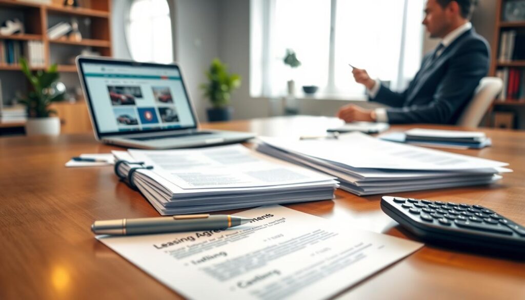 An organized collection of documents for car leasing, prominently displayed on a sleek wooden desk. In the foreground, a neatly arranged stack of paperwork with visible headers like "Leasing Agreement" and "Required Documents", accompanied by a high-end pen and a calculator. In the middle ground, a laptop is partially open, displaying a car leasing web page, while a professional-looking individual in business attire reviews the documents. The background features a softly lit office environment with modern decor, including a potted plant and shelves filled with books, creating a calm and focused atmosphere. Warm lighting highlights the scene, suggesting professionalism and clarity of purpose, captured from a slightly elevated angle for depth. An organized collection of documents for car leasing, prominently displayed on a sleek wooden desk. In the foreground, a neatly arranged stack of paperwork with visible headers like "Leasing Agreement" and "Required Documents", accompanied by a high-end pen and a calculator. In the middle ground, a laptop is partially open, displaying a car leasing web page, while a professional-looking individual in business attire reviews the documents. The background features a softly lit office environment with modern decor, including a potted plant and shelves filled with books, creating a calm and focused atmosphere. Warm lighting highlights the scene, suggesting professionalism and clarity of purpose, captured from a slightly elevated angle for depth.