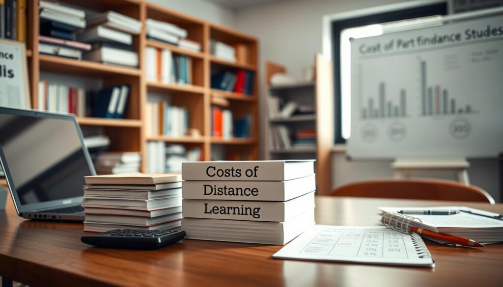 An organized desk in an educational setting, featuring a stack of books titled "Costs of Distance Learning" in clear view, surrounded by a laptop, a calculator, and a notepad with calculations. A window provides soft, natural light, creating a warm and inviting atmosphere. In the background, shelves filled with more educational resources and a whiteboard with graphs illustrating costs of distance learning. The focus is on the desk items, shot from a slightly elevated angle to capture the essence of studying. The scene conveys a sense of professionalism and practicality, ideal for discussing the financial aspects of part-time studies.