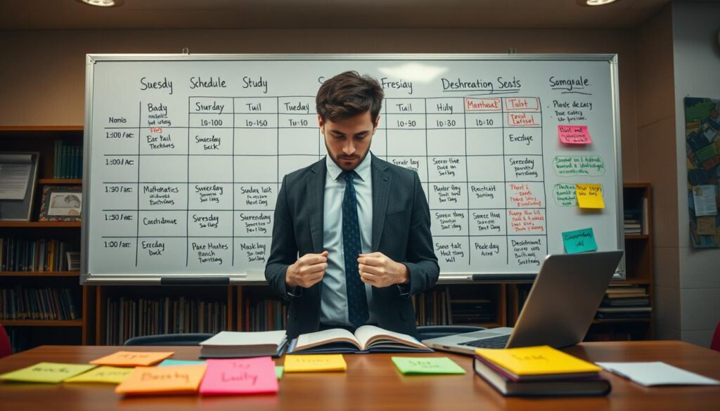 An organized study schedule on a whiteboard, featuring neatly arranged time blocks and subject headings for a university's daily classes. The foreground showcases colorful sticky notes with various subjects like "Mathematics," "Literature," and "History," placed strategically around the whiteboard. In the middle ground, a well-dressed student, wearing professional attire, is examining the schedule with a focused expression, surrounded by books and a laptop. The background consists of a cozy classroom setting with bookshelves and educational posters, dimly lit by warm lighting to create an inviting atmosphere. The overall mood is one of concentration and academic dedication, encouraging a sense of order and clarity in understanding the class schedule.
