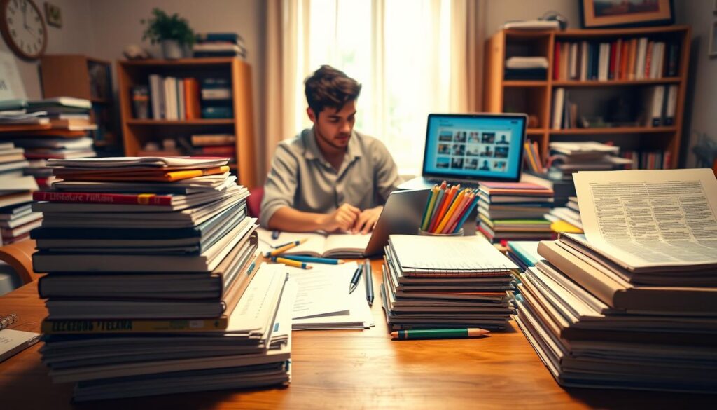 An organized study space for high school students preparing for their final exams, featuring a large wooden desk cluttered with examination papers, textbooks, and various stationery items. In the foreground, neatly stacked subjects like Mathematics, Literature, and Art can be seen, symbolizing the importance of subject choice in academic success. The middle ground includes a student deep in thought, wearing modest casual clothing, surrounded by color-coded notes and a laptop displaying college options. The background shows a cozy room with warm lighting filtering through a window, creating an inspiring atmosphere. Use soft focus to enhance the feeling of concentration and motivation. The overall mood should convey seriousness mixed with hope, reflecting the weight of decisions regarding subject choices.
