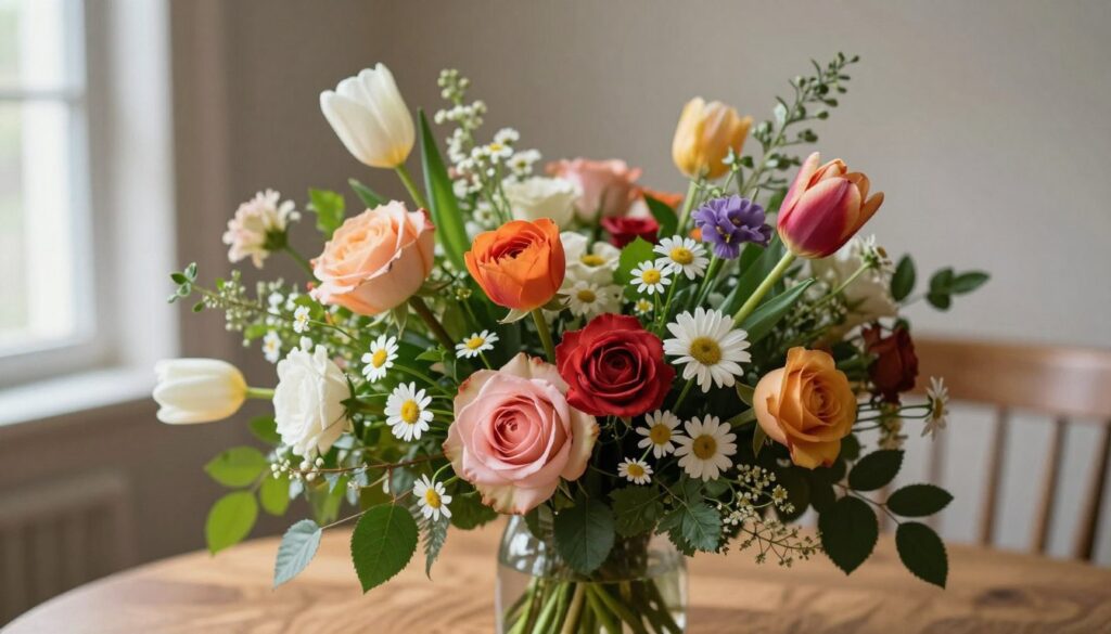 A beautiful and elaborately arranged floral composition, featuring an array of vibrant flowers such as roses, tulips, and daisies, mixed with green foliage. In the foreground, display the bouquet in a glass vase, showcasing its intricate details and varying textures. The middle layer includes a softly blurred wooden table that adds warmth to the scene, while the background consists of a softly lit, neutral-toned textile that enhances the elegance of the flowers. Utilize natural daylight filtering through a nearby window to create gentle highlights and soft shadows, evoking a serene and inviting atmosphere. Ensure the focus remains on the artistry of the bouquet, without any distractions. A beautiful and elaborately arranged floral composition, featuring an array of vibrant flowers such as roses, tulips, and daisies, mixed with green foliage. In the foreground, display the bouquet in a glass vase, showcasing its intricate details and varying textures. The middle layer includes a softly blurred wooden table that adds warmth to the scene, while the background consists of a softly lit, neutral-toned textile that enhances the elegance of the flowers. Utilize natural daylight filtering through a nearby window to create gentle highlights and soft shadows, evoking a serene and inviting atmosphere. Ensure the focus remains on the artistry of the bouquet, without any distractions.