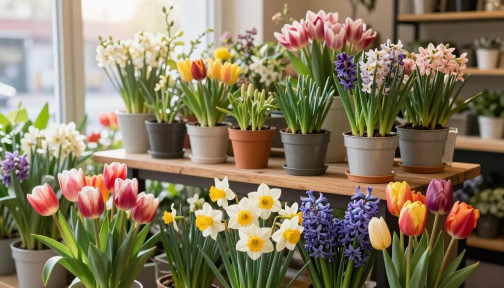 A beautiful assortment of seasonal flowers displayed artfully in a bright, inviting setting. In the foreground, vibrant tulips, daffodils, and hyacinths are arranged in a lush, overflowing bouquet. The middle layer features a wooden table with a variety of potted plants showcasing seasonal species; some are blooming, while others are just starting to sprout, illustrating the transition of seasons. In the background, a softly blurred flower shop window allows natural sunlight to stream in, creating a warm, cheerful atmosphere. The scene captures the essence of plant availability throughout the year. Use soft, diffused lighting to enhance the colors and textures of the flowers, emphasizing their freshness. Aim for a slightly elevated angle to create a comprehensive view of this seasonal floral showcase, evoking a sense of abundance and nature's beauty. A beautiful assortment of seasonal flowers displayed artfully in a bright, inviting setting. In the foreground, vibrant tulips, daffodils, and hyacinths are arranged in a lush, overflowing bouquet. The middle layer features a wooden table with a variety of potted plants showcasing seasonal species; some are blooming, while others are just starting to sprout, illustrating the transition of seasons. In the background, a softly blurred flower shop window allows natural sunlight to stream in, creating a warm, cheerful atmosphere. The scene captures the essence of plant availability throughout the year. Use soft, diffused lighting to enhance the colors and textures of the flowers, emphasizing their freshness. Aim for a slightly elevated angle to create a comprehensive view of this seasonal floral showcase, evoking a sense of abundance and nature's beauty.