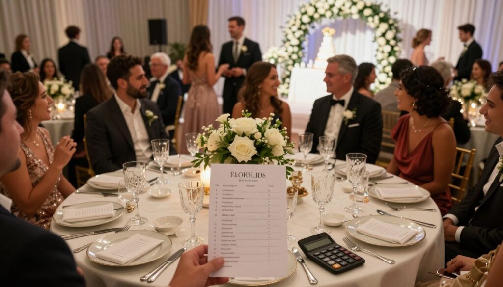 A beautifully arranged banquet table set for 150 guests at an elegant wedding reception, with fine china, sparkling crystal glassware, and tasteful floral centerpieces. In the foreground, a close-up view of a guest list and a calculator, symbolizing budget planning. The middle ground captures guests dressed in smart evening attire mingling, laughing, and enjoying the atmosphere under soft, warm lighting. In the background, a decorated stage with wedding cakes and floral arches sets a festive tone. The scene is illuminated by soft, ambient lighting creating a romantic and inviting atmosphere. Shot from a slightly elevated angle to capture the scale of the gathering, emphasizing the importance of guest count on total costs.