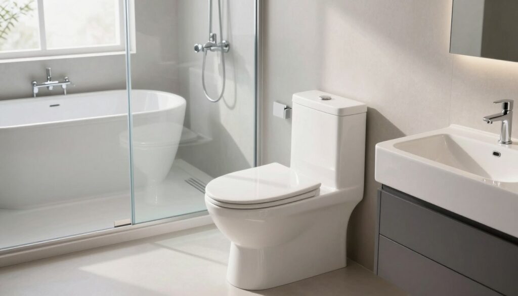 A beautifully arranged bathroom showcasing a selection of high-quality sanitary ceramics. In the foreground, a modern, sleek toilet and a stylish washbasin with elegant faucets, both crafted from glossy white porcelain. The middle ground features a sophisticated shower area with glass doors and a contemporary bathtub, complemented by minimalist decor. The background presents a well-lit space with soft, natural light filtering through a frosted window, casting gentle shadows. The overall mood is serene and polished, reflecting luxury and functionality. Focus on smooth lines and elegant forms in the design, emphasizing the quality and aesthetics of the ceramic pieces. Use a slightly elevated angle to capture the full essence of the bathroom layout, showcasing how the ceramics harmoniously blend in a modern home setting. A beautifully arranged bathroom showcasing a selection of high-quality sanitary ceramics. In the foreground, a modern, sleek toilet and a stylish washbasin with elegant faucets, both crafted from glossy white porcelain. The middle ground features a sophisticated shower area with glass doors and a contemporary bathtub, complemented by minimalist decor. The background presents a well-lit space with soft, natural light filtering through a frosted window, casting gentle shadows. The overall mood is serene and polished, reflecting luxury and functionality. Focus on smooth lines and elegant forms in the design, emphasizing the quality and aesthetics of the ceramic pieces. Use a slightly elevated angle to capture the full essence of the bathroom layout, showcasing how the ceramics harmoniously blend in a modern home setting.