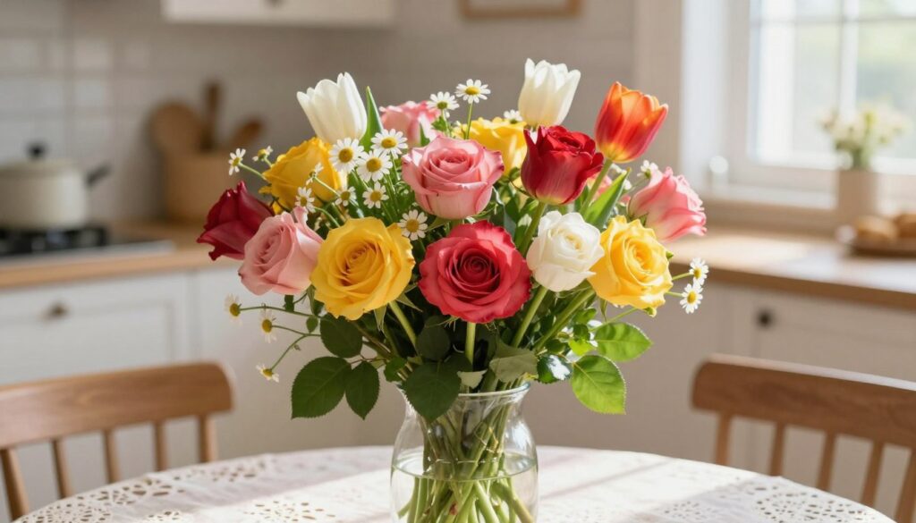 A beautifully arranged bouquet of vibrant flowers, featuring a mix of roses, tulips, and daisies, elegantly displayed in a chic glass vase. In the foreground, the bouquet is the focal point, showcasing its vivid colors—reds, pinks, yellows, and whites—drenched in soft, natural light that highlights the petals’ textures. In the middle ground, a softly blurred kitchen table setting with a delicate lace tablecloth enhances the warmth of the scene. The background reveals a cozy, well-lit room with gentle sunbeams streaming through a window, casting a serene, inviting atmosphere. The overall mood is one of freshness and tranquility, emphasizing the joy and beauty of flowers delivered directly to your home. A beautifully arranged bouquet of vibrant flowers, featuring a mix of roses, tulips, and daisies, elegantly displayed in a chic glass vase. In the foreground, the bouquet is the focal point, showcasing its vivid colors—reds, pinks, yellows, and whites—drenched in soft, natural light that highlights the petals’ textures. In the middle ground, a softly blurred kitchen table setting with a delicate lace tablecloth enhances the warmth of the scene. The background reveals a cozy, well-lit room with gentle sunbeams streaming through a window, casting a serene, inviting atmosphere. The overall mood is one of freshness and tranquility, emphasizing the joy and beauty of flowers delivered directly to your home.