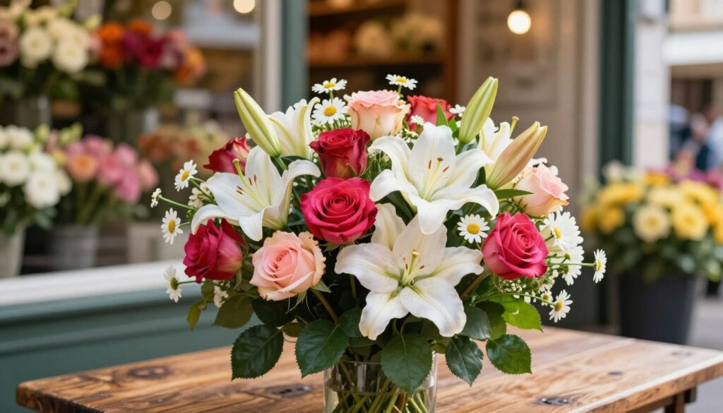 A beautifully arranged bouquet of vibrant flowers, including vividly colored roses, elegant lilies, and cheerful daisies, fills the foreground, showcasing their delicate petals and lush green foliage. The bouquet is placed on a rustic wooden table, enhancing its natural charm. In the middle ground, a softly blurred floral shop window hints at a bustling marketplace, with colorful flower displays visible. The background features subtle hints of a sunny day with warm, diffused lighting, evoking a cheerful and inviting atmosphere. The focus should be on the flowers, creating an elegant and lively composition. Capture this scene with a shallow depth of field to emphasize the bouquet while maintaining a warm, lively mood. A beautifully arranged bouquet of vibrant flowers, including vividly colored roses, elegant lilies, and cheerful daisies, fills the foreground, showcasing their delicate petals and lush green foliage. The bouquet is placed on a rustic wooden table, enhancing its natural charm. In the middle ground, a softly blurred floral shop window hints at a bustling marketplace, with colorful flower displays visible. The background features subtle hints of a sunny day with warm, diffused lighting, evoking a cheerful and inviting atmosphere. The focus should be on the flowers, creating an elegant and lively composition. Capture this scene with a shallow depth of field to emphasize the bouquet while maintaining a warm, lively mood.