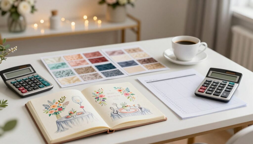 A beautifully arranged budgeting workspace featuring a stylish table filled with decorative elements related to wedding décor planning. In the foreground, a soft, open notebook filled with colorful sketches of floral arrangements and table settings, with a calculator and budgeting sheets. In the middle, elegant sample swatches of fabric and color palettes, artfully arranged next to a cup of coffee. The background showcases a softly lit room adorned with subtle wedding décor—twinkling fairy lights and tasteful floral accents on a shelf. The overall mood should be calm and organized, suggesting creativity and careful planning. Use warm, natural lighting to create a welcoming atmosphere, focusing on details that inspire smart budgeting for beautiful wedding decorations. A beautifully arranged budgeting workspace featuring a stylish table filled with decorative elements related to wedding décor planning. In the foreground, a soft, open notebook filled with colorful sketches of floral arrangements and table settings, with a calculator and budgeting sheets. In the middle, elegant sample swatches of fabric and color palettes, artfully arranged next to a cup of coffee. The background showcases a softly lit room adorned with subtle wedding décor—twinkling fairy lights and tasteful floral accents on a shelf. The overall mood should be calm and organized, suggesting creativity and careful planning. Use warm, natural lighting to create a welcoming atmosphere, focusing on details that inspire smart budgeting for beautiful wedding decorations.