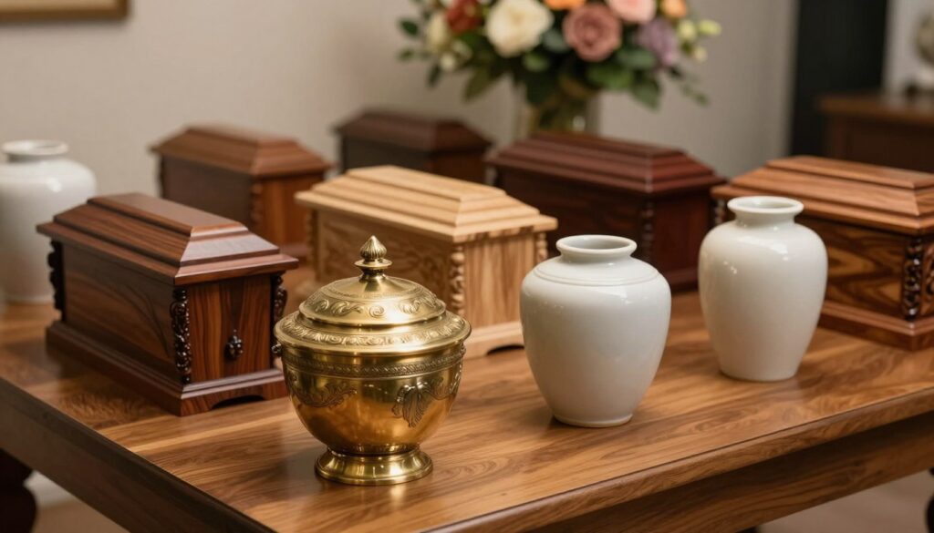 A beautifully arranged display of various funeral urns on a polished wooden table, showcasing different styles and materials. In the foreground, a classic brass urn with intricate engravings sits alongside a simple yet elegant ceramic urn with a soft matte finish. In the middle ground, a variety of wooden urns, some with natural grain patterns and others with ornate carvings, demonstrate a diversity of design. The background features a softly blurred floral arrangement in muted colors, adding a serene ambiance to the scene. The lighting is soft and diffused, creating a calming atmosphere, with warm hues highlighting the textures of the urns. The angle captures the depth of the display, inviting the viewer to appreciate the artistry and significance of each urn type. A beautifully arranged display of various funeral urns on a polished wooden table, showcasing different styles and materials. In the foreground, a classic brass urn with intricate engravings sits alongside a simple yet elegant ceramic urn with a soft matte finish. In the middle ground, a variety of wooden urns, some with natural grain patterns and others with ornate carvings, demonstrate a diversity of design. The background features a softly blurred floral arrangement in muted colors, adding a serene ambiance to the scene. The lighting is soft and diffused, creating a calming atmosphere, with warm hues highlighting the textures of the urns. The angle captures the depth of the display, inviting the viewer to appreciate the artistry and significance of each urn type.