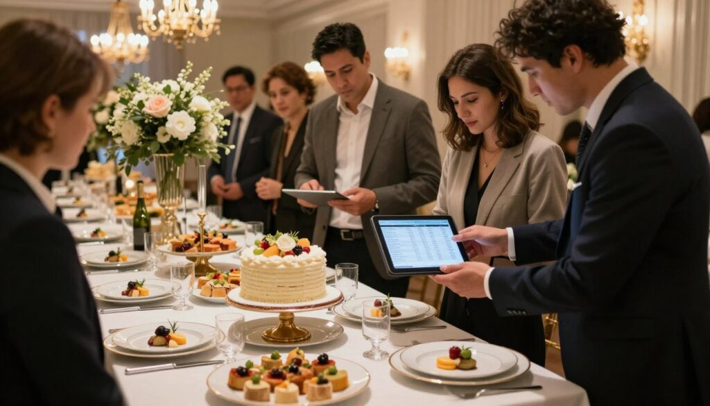A beautifully arranged event table set for a wedding reception with an elegant theme. In the foreground, there are several pristine white plates with gold-rimmed edges, displaying exquisite food options like hors d'oeuvres and a wedding cake centerpiece. In the middle ground, a group of professional-looking individuals in smart casual attire is gathered, discussing and analyzing a digital tablet that shows guest count and budget estimates. The background features soft-lit chandeliers and tasteful floral arrangements that create an inviting atmosphere. The lighting is warm and ambient, casting gentle shadows that evoke a sense of celebration and planning. The overall mood is focused and optimistic, reflecting the crucial impact of guest numbers on the wedding budget. A beautifully arranged event table set for a wedding reception with an elegant theme. In the foreground, there are several pristine white plates with gold-rimmed edges, displaying exquisite food options like hors d'oeuvres and a wedding cake centerpiece. In the middle ground, a group of professional-looking individuals in smart casual attire is gathered, discussing and analyzing a digital tablet that shows guest count and budget estimates. The background features soft-lit chandeliers and tasteful floral arrangements that create an inviting atmosphere. The lighting is warm and ambient, casting gentle shadows that evoke a sense of celebration and planning. The overall mood is focused and optimistic, reflecting the crucial impact of guest numbers on the wedding budget.