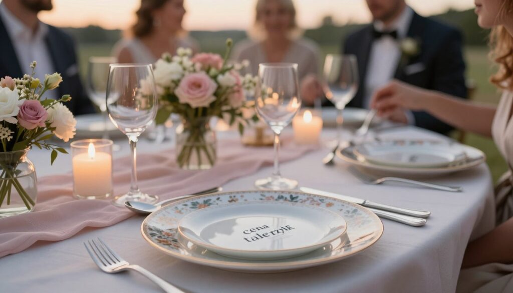 A beautifully arranged festive table set for a wedding reception, featuring "cena talerzyk" or a traditional meal plate. In the foreground, a close-up view of an elegantly decorated plate with fine china, silver cutlery, and floral accents. The middle ground shows a festive table layout with soft pastel tablecloths, flickering candlelight, and tasteful centerpieces of fresh flowers. In the background, a softly blurred view of guests in professional business attire enjoying the meal, creating an atmosphere of celebration and joy. The lighting is warm and inviting, simulating a natural sunset glow, with a focus on the intricate details of the dish and decor. The composition includes a shallow depth of field to emphasize the plate while gently blurring the background, enhancing the mood of elegance and festivity.