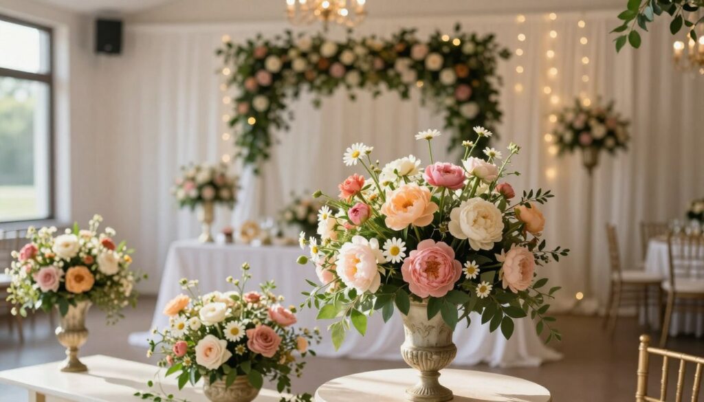 A beautifully arranged floral decoration showcasing an elegant wedding scene, featuring an array of vibrant, fresh flowers like roses, peonies, and daisies in soft pastel colors. In the foreground, a large, ornate bouquet sits in a vintage vase, surrounded by smaller floral arrangements on delicate tables. The middle layer displays a tastefully decorated reception space with white draping and green foliage accents, enhancing the romantic atmosphere. In the background, softly lit fairy lights twinkle, creating a dreamy ambiance. The scene captures natural light filtering through the venue's windows, casting a warm glow over the decorations, producing a serene and inviting mood perfect for a wedding celebration. A beautifully arranged floral decoration showcasing an elegant wedding scene, featuring an array of vibrant, fresh flowers like roses, peonies, and daisies in soft pastel colors. In the foreground, a large, ornate bouquet sits in a vintage vase, surrounded by smaller floral arrangements on delicate tables. The middle layer displays a tastefully decorated reception space with white draping and green foliage accents, enhancing the romantic atmosphere. In the background, softly lit fairy lights twinkle, creating a dreamy ambiance. The scene captures natural light filtering through the venue's windows, casting a warm glow over the decorations, producing a serene and inviting mood perfect for a wedding celebration.