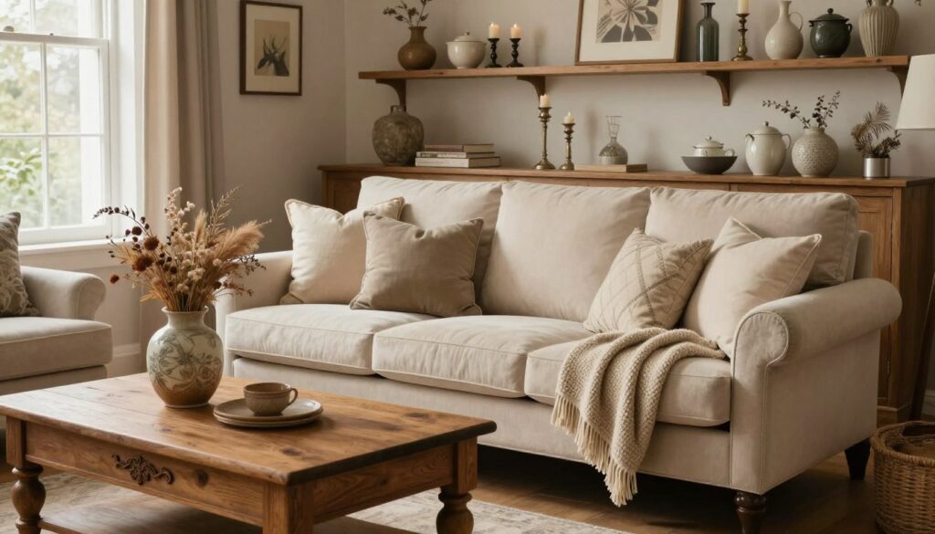 A beautifully arranged living room showcasing Loberon-style furniture and decor. In the foreground, a rustic wooden coffee table with intricate carvings, adorned with a decorative vase filled with dried flowers. In the middle, a plush, overstuffed sofa with elegant throw pillows and a cozy knitted blanket draped over one side, inviting relaxation. The background features vintage-styled shelves displaying curated home accessories like candlesticks, art pieces, and ceramic pots, all bathed in warm, ambient lighting that enhances the soothing atmosphere. The overall mood is chic and inviting, with soft natural light filtering through a large window, creating a serene, timeless ambiance that reflects Loberon's dedication to quality craftsmanship and stylish home aesthetics. A beautifully arranged living room showcasing Loberon-style furniture and decor. In the foreground, a rustic wooden coffee table with intricate carvings, adorned with a decorative vase filled with dried flowers. In the middle, a plush, overstuffed sofa with elegant throw pillows and a cozy knitted blanket draped over one side, inviting relaxation. The background features vintage-styled shelves displaying curated home accessories like candlesticks, art pieces, and ceramic pots, all bathed in warm, ambient lighting that enhances the soothing atmosphere. The overall mood is chic and inviting, with soft natural light filtering through a large window, creating a serene, timeless ambiance that reflects Loberon's dedication to quality craftsmanship and stylish home aesthetics.