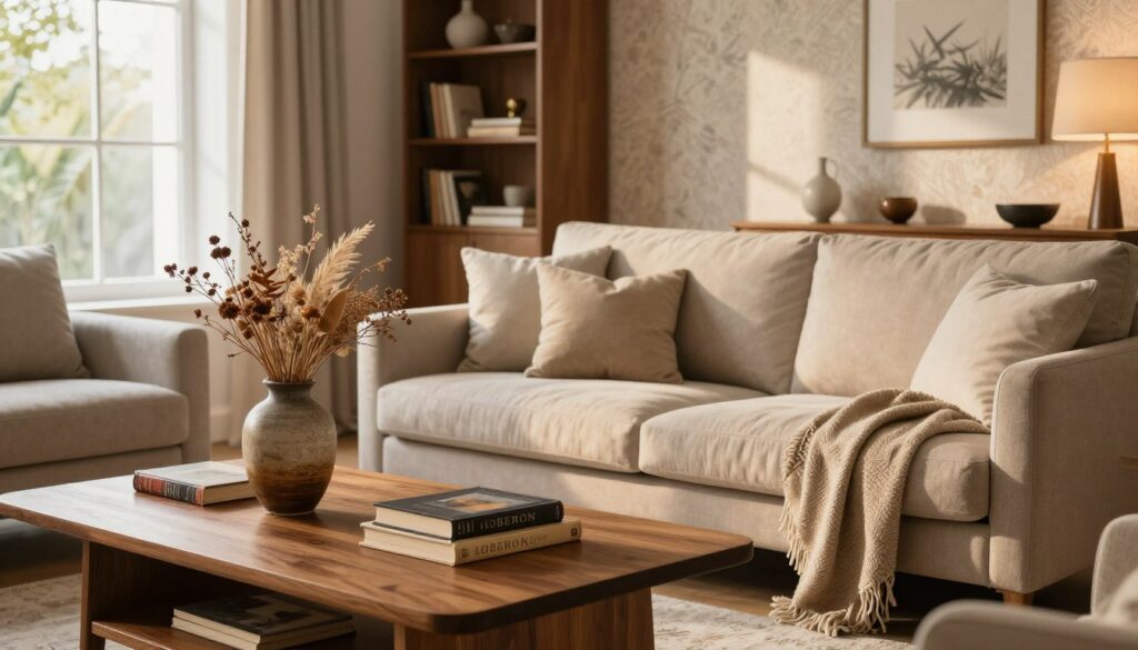 A beautifully arranged living space showcasing the essence of Loberon’s design philosophy. In the foreground, a stylish wooden coffee table adorned with vintage books, a decorative vase filled with dried flowers, and a cozy throw blanket. The middle features a plush, inviting sofa with neutral-colored cushions, placed against a backdrop of soft, textured wallpaper. A large window allows warm, natural light to flood the room, illuminating the space with a golden glow. In the distance, a tastefully curated bookshelf displays charming decor items, and a floor lamp with a warm light casts gentle shadows. The atmosphere conveys a sense of comfort, elegance, and understated sophistication, embodying the aesthetic values of Loberon’s furniture and accents. A beautifully arranged living space showcasing the essence of Loberon’s design philosophy. In the foreground, a stylish wooden coffee table adorned with vintage books, a decorative vase filled with dried flowers, and a cozy throw blanket. The middle features a plush, inviting sofa with neutral-colored cushions, placed against a backdrop of soft, textured wallpaper. A large window allows warm, natural light to flood the room, illuminating the space with a golden glow. In the distance, a tastefully curated bookshelf displays charming decor items, and a floor lamp with a warm light casts gentle shadows. The atmosphere conveys a sense of comfort, elegance, and understated sophistication, embodying the aesthetic values of Loberon’s furniture and accents.