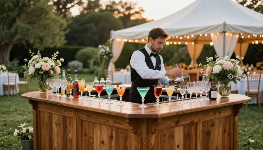 A beautifully arranged mobile bar set up for a wedding, located in an outdoor garden surrounded by lush greenery. In the foreground, the bar is elegantly crafted from polished wood, adorned with delicate floral arrangements and sparkling glassware. The middle features a professional bartender in a smart black vest and white shirt, expertly mixing drinks, showcasing a variety of colorful cocktails. In the background, a tented area filled with soft, ambient lighting and tables dressed in white tablecloths creates a romantic atmosphere. The scene is illuminated by warm, golden sunset light, evoking a festive and joyful mood. Capture this lively moment with a slightly angled view to highlight the bar and the enchanting setting. A beautifully arranged mobile bar set up for a wedding, located in an outdoor garden surrounded by lush greenery. In the foreground, the bar is elegantly crafted from polished wood, adorned with delicate floral arrangements and sparkling glassware. The middle features a professional bartender in a smart black vest and white shirt, expertly mixing drinks, showcasing a variety of colorful cocktails. In the background, a tented area filled with soft, ambient lighting and tables dressed in white tablecloths creates a romantic atmosphere. The scene is illuminated by warm, golden sunset light, evoking a festive and joyful mood. Capture this lively moment with a slightly angled view to highlight the bar and the enchanting setting.
