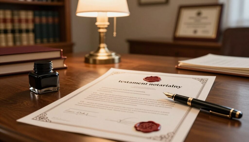 A beautifully arranged notarial document titled "testament notarialny," prominently displayed in the foreground, with a fine fountain pen and an elegant ink pot beside it. The document features ornate borders and a wax seal, symbolizing authenticity and legal standing. In the middle ground, a sophisticated wooden desk is visible, with a classic notary lamp casting warm, inviting light over the scene, suggesting professionalism and trust. In the background, a tastefully decorated office with shelves of law books and a framed diploma conveys authority and expertise. The atmosphere is calm and reassuring, with soft focus edges that lead the viewer's attention to the testament itself, evoking a sense of security in legal matters. A beautifully arranged notarial document titled "testament notarialny," prominently displayed in the foreground, with a fine fountain pen and an elegant ink pot beside it. The document features ornate borders and a wax seal, symbolizing authenticity and legal standing. In the middle ground, a sophisticated wooden desk is visible, with a classic notary lamp casting warm, inviting light over the scene, suggesting professionalism and trust. In the background, a tastefully decorated office with shelves of law books and a framed diploma conveys authority and expertise. The atmosphere is calm and reassuring, with soft focus edges that lead the viewer's attention to the testament itself, evoking a sense of security in legal matters.