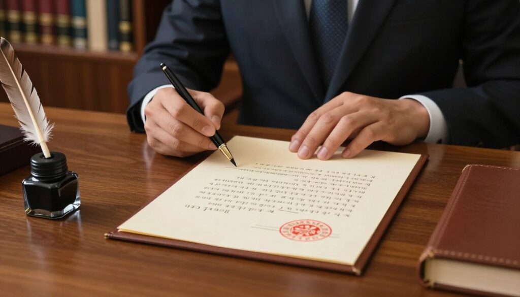 A beautifully arranged notarial testament document on a polished wooden desk, featuring elegant calligraphy and an official seal prominently placed. In the foreground, an ink bottle and quill pen suggest traditional drafting tools. In the middle ground, a professional notary in business attire, focused and diligent, examines the document under soft, warm lighting that creates a welcoming atmosphere. The background includes a refined law office setting, with bookshelves filled with legal texts. The overall mood is one of trust, professionalism, and authority, highlighting the advantages of creating a testament in notarial form, evoking a sense of security and importance around estate planning. The image is shot from a slightly elevated angle to capture all elements harmoniously. A beautifully arranged notarial testament document on a polished wooden desk, featuring elegant calligraphy and an official seal prominently placed. In the foreground, an ink bottle and quill pen suggest traditional drafting tools. In the middle ground, a professional notary in business attire, focused and diligent, examines the document under soft, warm lighting that creates a welcoming atmosphere. The background includes a refined law office setting, with bookshelves filled with legal texts. The overall mood is one of trust, professionalism, and authority, highlighting the advantages of creating a testament in notarial form, evoking a sense of security and importance around estate planning. The image is shot from a slightly elevated angle to capture all elements harmoniously.