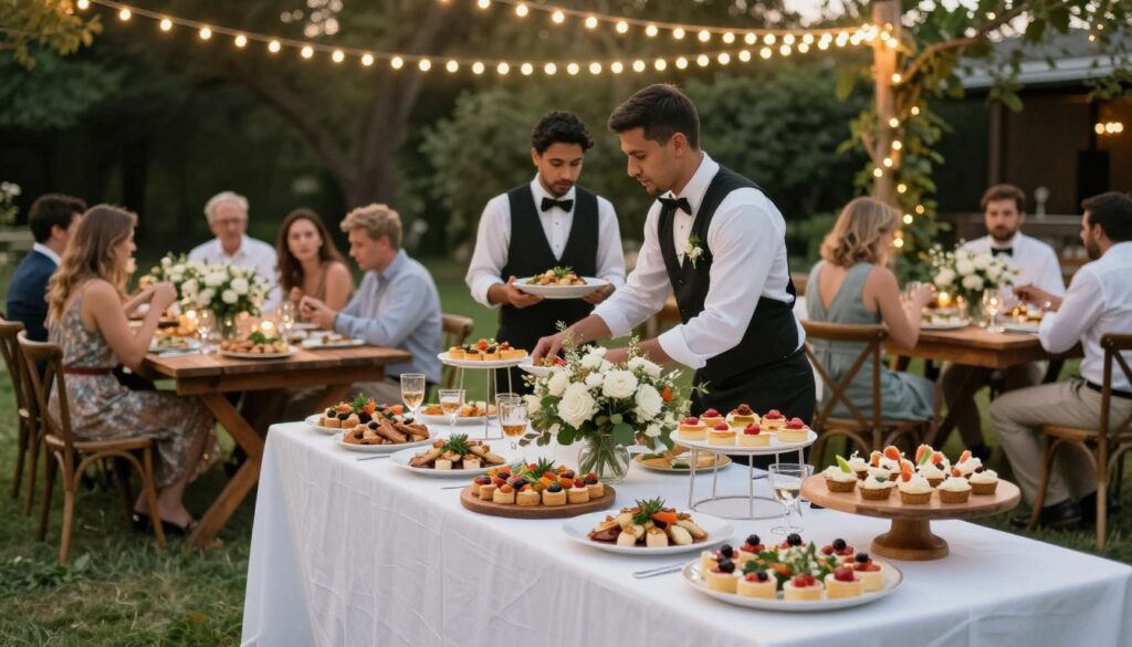 A beautifully arranged outdoor wedding catering setup, focusing on an elegant display of gourmet dishes. In the foreground, a long table adorned with a crisp white tablecloth and centerpieces of fresh flowers, showcasing an array of appetizers, elegantly plated entrees, and sumptuous desserts. In the middle ground, experienced waitstaff in formal attire, gently serving food to guests seated at stylish wooden tables with rustic décor. Soft, warm lighting casts a romantic glow over the setting, suggesting an early evening ambiance. The background features lush greenery and twinkling fairy lights strung overhead, enhancing the enchanting atmosphere of a wedding under the open sky. The scene is vibrant and inviting, capturing the joy of an outdoor wedding celebration with a focus on exquisite catering. A beautifully arranged outdoor wedding catering setup, focusing on an elegant display of gourmet dishes. In the foreground, a long table adorned with a crisp white tablecloth and centerpieces of fresh flowers, showcasing an array of appetizers, elegantly plated entrees, and sumptuous desserts. In the middle ground, experienced waitstaff in formal attire, gently serving food to guests seated at stylish wooden tables with rustic décor. Soft, warm lighting casts a romantic glow over the setting, suggesting an early evening ambiance. The background features lush greenery and twinkling fairy lights strung overhead, enhancing the enchanting atmosphere of a wedding under the open sky. The scene is vibrant and inviting, capturing the joy of an outdoor wedding celebration with a focus on exquisite catering.