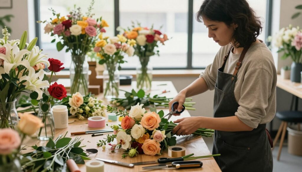 A beautifully arranged professional florist workshop, showcasing an array of colorful flowers in various stages of preparation. In the foreground, a skilled florist, dressed in smart casual attire, carefully arranges a bouquet with attention to detail, using scissors and floral tape, surrounded by fresh blooms like roses, lilies, and orchids. The middle ground features a well-organized worktable filled with tools, vases, and additional flowers waiting to be transformed. In the background, large windows allow soft, natural light to flood the space, illuminating the vibrant colors and creating a warm atmosphere. The overall mood is creative and inviting, highlighting the artistry and professionalism inherent in a florist's work, with rich textures and colors. A beautifully arranged professional florist workshop, showcasing an array of colorful flowers in various stages of preparation. In the foreground, a skilled florist, dressed in smart casual attire, carefully arranges a bouquet with attention to detail, using scissors and floral tape, surrounded by fresh blooms like roses, lilies, and orchids. The middle ground features a well-organized worktable filled with tools, vases, and additional flowers waiting to be transformed. In the background, large windows allow soft, natural light to flood the space, illuminating the vibrant colors and creating a warm atmosphere. The overall mood is creative and inviting, highlighting the artistry and professionalism inherent in a florist's work, with rich textures and colors.