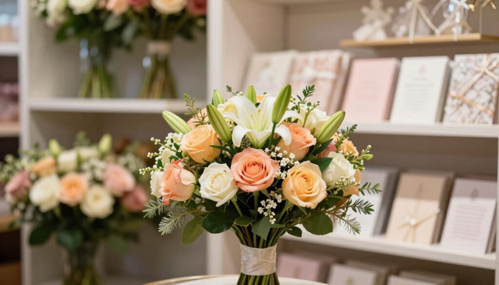 A beautifully arranged wedding bouquet in the foreground, showcasing common mistakes like mismatched flowers, poorly arranged stems, and wilted leaves. The bouquet should have bright colors, featuring a mix of roses, lilies, and greenery, with a few misplaced flowers. In the middle ground, a softly blurred bridal shop environment with shelves of fresh flowers and wedding decor, conveying a sense of preparation and celebration. The background should include elegant wedding planning items like fabric swatches and invitation cards, subtly hinting at the theme of a wedding. The lighting is warm and inviting, highlighting the bouquet's vibrancy while casting gentle shadows. The overall mood is approachable and educational, inviting readers to reflect on their choices. A beautifully arranged wedding bouquet in the foreground, showcasing common mistakes like mismatched flowers, poorly arranged stems, and wilted leaves. The bouquet should have bright colors, featuring a mix of roses, lilies, and greenery, with a few misplaced flowers. In the middle ground, a softly blurred bridal shop environment with shelves of fresh flowers and wedding decor, conveying a sense of preparation and celebration. The background should include elegant wedding planning items like fabric swatches and invitation cards, subtly hinting at the theme of a wedding. The lighting is warm and inviting, highlighting the bouquet's vibrancy while casting gentle shadows. The overall mood is approachable and educational, inviting readers to reflect on their choices.
