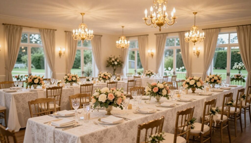 A beautifully arranged wedding venue, spacious and elegantly decorated for an intimate gathering of 30 guests. In the foreground, a long banquet table adorned with white lace tablecloth, soft pastel centerpieces of flowers, and sparkling glassware, set for a formal dinner. In the middle ground, tasteful chandeliers cast a warm golden glow, while chairs with floral accents surround the table. The background features large windows allowing natural light to filter in, showcasing elegant drapes and a romantic outdoor garden view. The atmosphere is cozy and inviting, ideal for a charming celebration. Capture the scene with soft focus on the edges to enhance the feeling of intimacy, using a wide-angle lens to encompass the full ambiance of the venue. A beautifully arranged wedding venue, spacious and elegantly decorated for an intimate gathering of 30 guests. In the foreground, a long banquet table adorned with white lace tablecloth, soft pastel centerpieces of flowers, and sparkling glassware, set for a formal dinner. In the middle ground, tasteful chandeliers cast a warm golden glow, while chairs with floral accents surround the table. The background features large windows allowing natural light to filter in, showcasing elegant drapes and a romantic outdoor garden view. The atmosphere is cozy and inviting, ideal for a charming celebration. Capture the scene with soft focus on the edges to enhance the feeling of intimacy, using a wide-angle lens to encompass the full ambiance of the venue.
