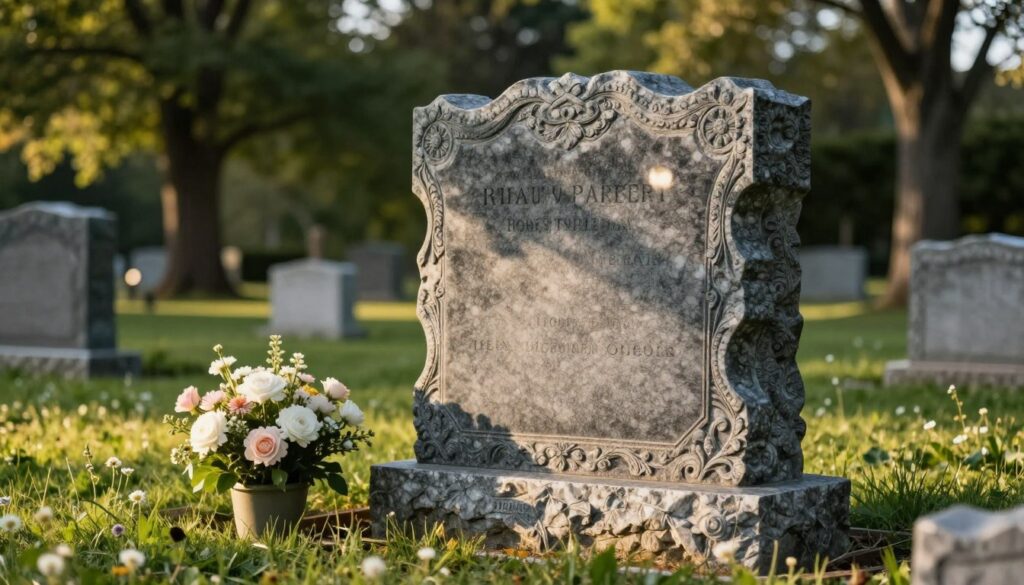 A beautifully crafted granite tombstone stands prominently in a serene cemetery setting, showcasing its durability and elegance. The tombstone, made of polished dark gray granite, features intricate carvings and a smooth surface that reflects sunlight dramatically. In the foreground, a softly illuminated flower arrangement in muted colors, such as white and pale pink, complements the somber yet peaceful atmosphere. The middle ground reveals lush green grass interspersed with small, delicate wildflowers that evoke a sense of tranquility. In the background, soft-focus trees create a natural border, their leaves gently rustling in a light breeze. The scene is captured in golden hour lighting, offering a warm glow that highlights the texture of the granite, emphasizing its strength and permanence. A beautifully crafted granite tombstone stands prominently in a serene cemetery setting, showcasing its durability and elegance. The tombstone, made of polished dark gray granite, features intricate carvings and a smooth surface that reflects sunlight dramatically. In the foreground, a softly illuminated flower arrangement in muted colors, such as white and pale pink, complements the somber yet peaceful atmosphere. The middle ground reveals lush green grass interspersed with small, delicate wildflowers that evoke a sense of tranquility. In the background, soft-focus trees create a natural border, their leaves gently rustling in a light breeze. The scene is captured in golden hour lighting, offering a warm glow that highlights the texture of the granite, emphasizing its strength and permanence.