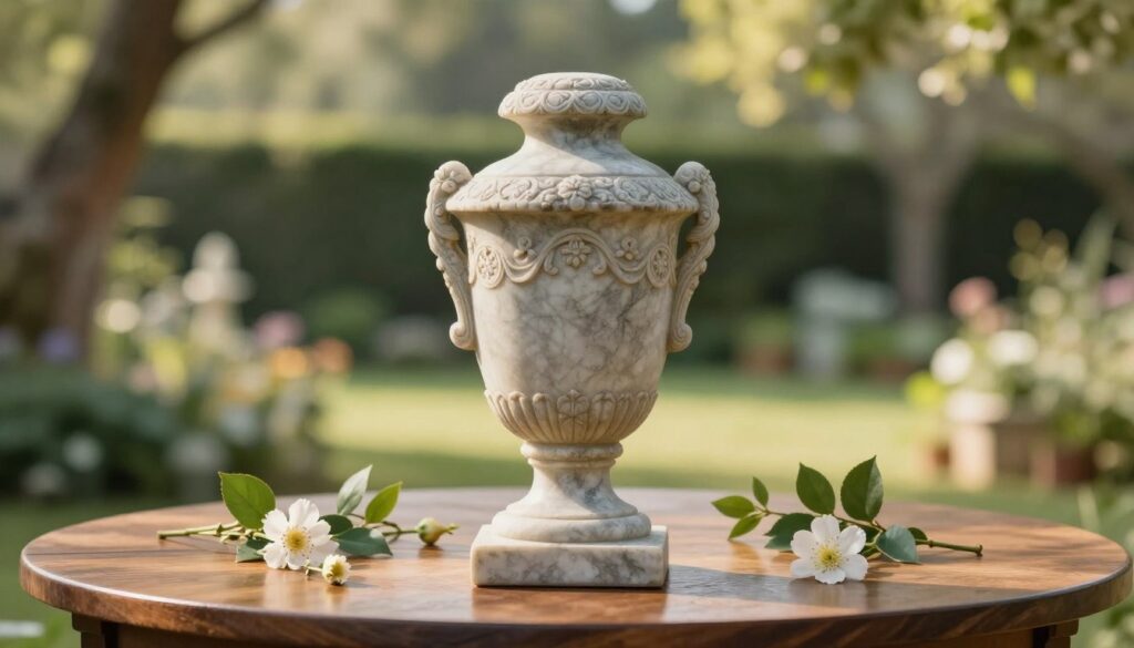 A beautifully crafted stone urn placed on a polished wooden table, showcasing its intricate carvings and natural textures. In the foreground, the urn is the focal point, illuminated by soft, warm lighting that highlights its smooth surface and detailed craftsmanship. Surrounding it, scattered delicate flowers and green leaves enhance the organic feel. The middle ground features a subtle, blurred backdrop of a serene garden setting, with soft-focus greenery and gentle sunlight filtering through trees, creating a peaceful atmosphere. The image captures a sense of elegance and tranquility, suggesting the significance and artistry involved in the material selection for urn creation. Use a shallow depth of field to draw attention to the urn while maintaining the serene garden ambiance. A beautifully crafted stone urn placed on a polished wooden table, showcasing its intricate carvings and natural textures. In the foreground, the urn is the focal point, illuminated by soft, warm lighting that highlights its smooth surface and detailed craftsmanship. Surrounding it, scattered delicate flowers and green leaves enhance the organic feel. The middle ground features a subtle, blurred backdrop of a serene garden setting, with soft-focus greenery and gentle sunlight filtering through trees, creating a peaceful atmosphere. The image captures a sense of elegance and tranquility, suggesting the significance and artistry involved in the material selection for urn creation. Use a shallow depth of field to draw attention to the urn while maintaining the serene garden ambiance.