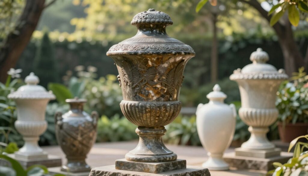A beautifully crafted stone urn, showcasing intricate carvings and a rich texture, positioned prominently in the foreground. The urn should reflect a mix of polished and natural stone finishes, with delicate patterns etched along its surface. In the middle ground, add a subtle arrangement of ceramic urns with smooth, glossy textures, displayed harmoniously alongside the stone urn, indicating the elegance of both materials. The background features a softly blurred, serene garden with gentle greenery and dappled sunlight filtering through trees, creating a peaceful atmosphere. Utilize soft, natural lighting to highlight the urn's details and textures, with a slight depth of field to draw focus on the urns while maintaining an inviting, contemplative mood. A beautifully crafted stone urn, showcasing intricate carvings and a rich texture, positioned prominently in the foreground. The urn should reflect a mix of polished and natural stone finishes, with delicate patterns etched along its surface. In the middle ground, add a subtle arrangement of ceramic urns with smooth, glossy textures, displayed harmoniously alongside the stone urn, indicating the elegance of both materials. The background features a softly blurred, serene garden with gentle greenery and dappled sunlight filtering through trees, creating a peaceful atmosphere. Utilize soft, natural lighting to highlight the urn's details and textures, with a slight depth of field to draw focus on the urns while maintaining an inviting, contemplative mood.