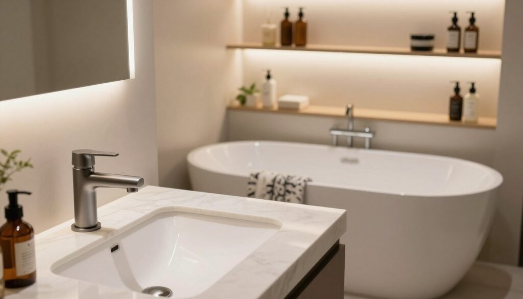 A beautifully designed bathroom showcasing modern fixtures and accessories. In the foreground, feature a sleek, minimalist sink with a stylish faucet and elegant countertop materials. The middle section should highlight a contemporary bathtub with smooth curves, adorned with decorative towels and a small plant for a touch of greenery. In the background, display wall-mounted shelves holding various tasteful bathroom products, illuminated by warm, soft lighting that creates a welcoming atmosphere. The entire scene should exude a sense of luxury and functionality, captured from a slight angle to provide depth. Emphasize a clean, organized aesthetic, ideal for a contemporary home setting. A beautifully designed bathroom showcasing modern fixtures and accessories. In the foreground, feature a sleek, minimalist sink with a stylish faucet and elegant countertop materials. The middle section should highlight a contemporary bathtub with smooth curves, adorned with decorative towels and a small plant for a touch of greenery. In the background, display wall-mounted shelves holding various tasteful bathroom products, illuminated by warm, soft lighting that creates a welcoming atmosphere. The entire scene should exude a sense of luxury and functionality, captured from a slight angle to provide depth. Emphasize a clean, organized aesthetic, ideal for a contemporary home setting.