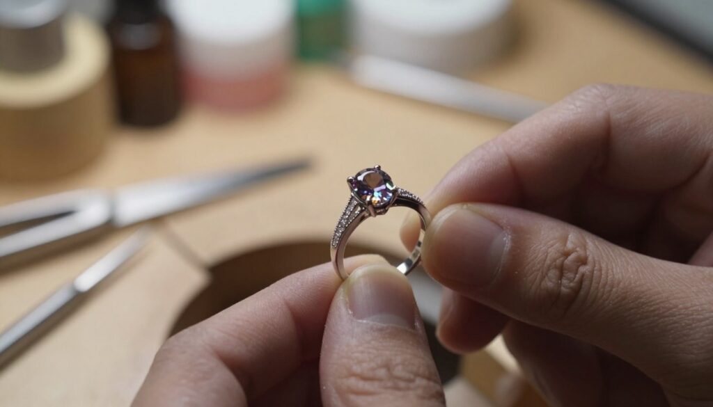 A beautifully designed close-up image of an elegant ring, showcasing intricate details of its band and gemstone. The ring is set against a softly blurred background of a jeweler's workshop, featuring tools and supplies subtly illuminated by warm, natural light. In the foreground, the focus is on the ring, emphasizing its craftsmanship and shine, with the gemstone reflecting light in various colors. The atmosphere conveys a sense of luxury and professionalism, hinting at the precision and care involved in jewelry repair. Incorporate a slight vignette effect to draw attention to the ring while keeping the background elements in soft focus. A beautifully designed close-up image of an elegant ring, showcasing intricate details of its band and gemstone. The ring is set against a softly blurred background of a jeweler's workshop, featuring tools and supplies subtly illuminated by warm, natural light. In the foreground, the focus is on the ring, emphasizing its craftsmanship and shine, with the gemstone reflecting light in various colors. The atmosphere conveys a sense of luxury and professionalism, hinting at the precision and care involved in jewelry repair. Incorporate a slight vignette effect to draw attention to the ring while keeping the background elements in soft focus.