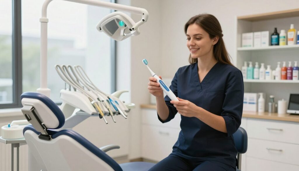 A bright and clean dental office featuring a modern dental chair and innovative oral hygiene equipment prominently displayed in the foreground. In the middle ground, a dental professional in smart business attire demonstrates the use of an advanced toothbrush with a sleek design, emphasizing technology in oral care. The background shows shelves filled with contemporary oral hygiene products, with a large window allowing natural light to illuminate the space, creating a welcoming atmosphere. The overall mood should be professional and reassuring, conveying the importance of innovative solutions in oral health. The scene is shot with a soft focus in the background to draw attention to the dental professional and equipment, using warm lighting to enhance the inviting feel of the setting.