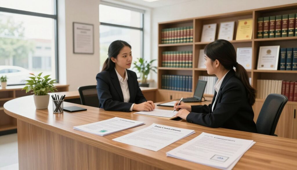 A bright, modern civil registry office interior filled with natural light coming through large windows. In the foreground, a polished wooden counter displays neatly organized essential documents, such as a death certificate application and identification papers. On the counter, there are pens and a decorative plant, adding a touch of warmth. In the middle, a professional-looking individual in business attire is interacting with a civil service employee, who is seated behind the counter, both engaged in a focused discussion. The background features bookshelves with legal books and certificates prominently displayed on the walls, conveying an air of authority and formality. The atmosphere is calm and serious, reflecting the importance of the documents being processed. The image should have soft lighting to create a welcoming environment. A bright, modern civil registry office interior filled with natural light coming through large windows. In the foreground, a polished wooden counter displays neatly organized essential documents, such as a death certificate application and identification papers. On the counter, there are pens and a decorative plant, adding a touch of warmth. In the middle, a professional-looking individual in business attire is interacting with a civil service employee, who is seated behind the counter, both engaged in a focused discussion. The background features bookshelves with legal books and certificates prominently displayed on the walls, conveying an air of authority and formality. The atmosphere is calm and serious, reflecting the importance of the documents being processed. The image should have soft lighting to create a welcoming environment.