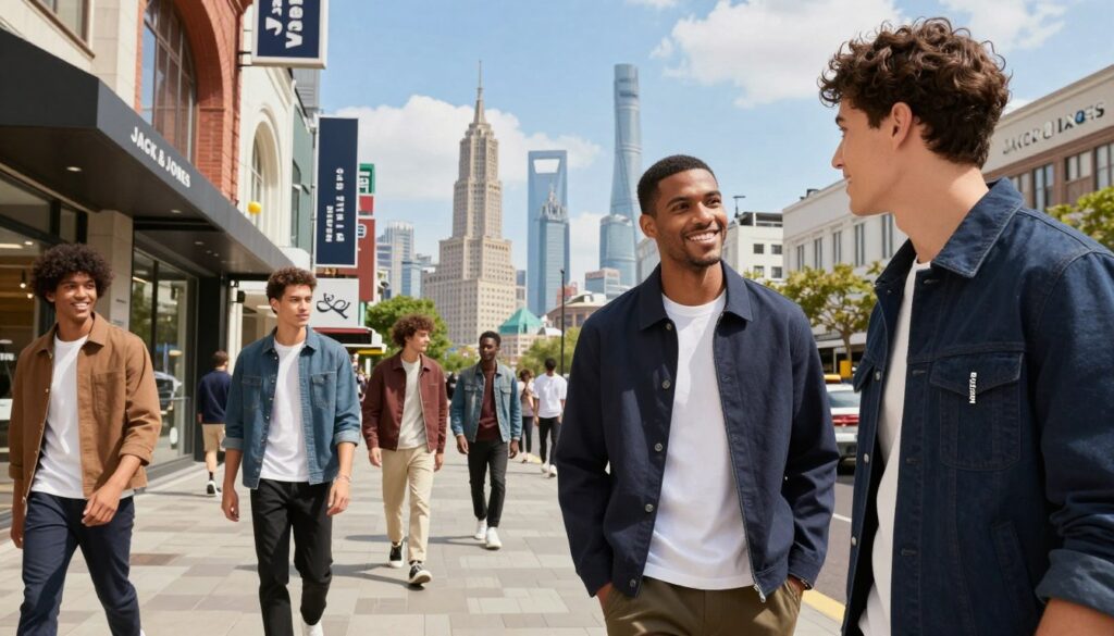 A bustling urban scene showcasing a group of diverse young men in stylish, modern clothing representing the Jack & Jones brand. In the foreground, two men engage in a friendly conversation, dressed in smart casual attire that highlights the fashion appeal of Jack & Jones. In the middle ground, a cityscape filled with iconic international landmarks illustrates the brand's global reach, with subtle branding elements woven into storefronts and billboards. The background features a dynamic skyline under a bright blue sky, symbolizing growth and ambition. Use vibrant lighting to enhance the atmosphere, with soft shadows that add depth. The overall mood is energetic and aspirational, reflecting the essence of contemporary male fashion on a global scale. A bustling urban scene showcasing a group of diverse young men in stylish, modern clothing representing the Jack & Jones brand. In the foreground, two men engage in a friendly conversation, dressed in smart casual attire that highlights the fashion appeal of Jack & Jones. In the middle ground, a cityscape filled with iconic international landmarks illustrates the brand's global reach, with subtle branding elements woven into storefronts and billboards. The background features a dynamic skyline under a bright blue sky, symbolizing growth and ambition. Use vibrant lighting to enhance the atmosphere, with soft shadows that add depth. The overall mood is energetic and aspirational, reflecting the essence of contemporary male fashion on a global scale.