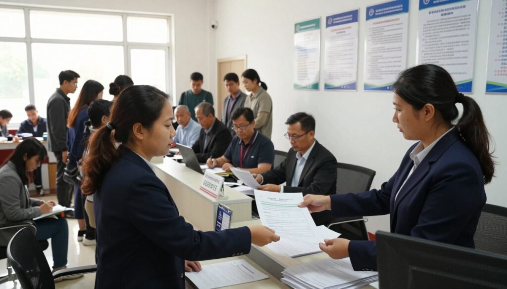 A busy government office interior focused on the area where citizens submit applications for new registration documents. In the foreground, a well-dressed professional woman is attentively handing over documents to a government official behind a counter, who is reviewing the papers. The middle ground features a line of people waiting to submit their applications, showcasing a diverse crowd in casual yet smart clothing. In the background, a large window lets in soft, natural light, illuminating the office space with a welcoming atmosphere. The walls are decorated with informational posters about registration procedures and forms. The angle is slightly tilted to capture both the official counter and the waiting area, creating a sense of urgency and importance in the scene. A busy government office interior focused on the area where citizens submit applications for new registration documents. In the foreground, a well-dressed professional woman is attentively handing over documents to a government official behind a counter, who is reviewing the papers. The middle ground features a line of people waiting to submit their applications, showcasing a diverse crowd in casual yet smart clothing. In the background, a large window lets in soft, natural light, illuminating the office space with a welcoming atmosphere. The walls are decorated with informational posters about registration procedures and forms. The angle is slightly tilted to capture both the official counter and the waiting area, creating a sense of urgency and importance in the scene.