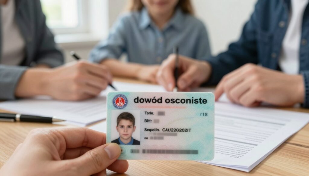 A close-up of a Polish "dowód osobisty" (identity card) prominently displayed in the foreground, focusing on its key features such as the official seal, the photo section, and personal details blurred for privacy. The card is resting on a wooden desk surrounded by official documents like an application form and a pen. In the middle background, a gentle hands-on approach can be portrayed, showing a parent helping a child with the application process, both dressed in modest, professional attire. Soft, natural lighting streams in from a nearby window, creating a warm and inviting atmosphere. The overall mood is calm and informative, suggesting a sense of responsibility and care in obtaining a child's identity card. The focus should remain solely on the identity card and the application context without any additional text or distractions. A close-up of a Polish "dowód osobisty" (identity card) prominently displayed in the foreground, focusing on its key features such as the official seal, the photo section, and personal details blurred for privacy. The card is resting on a wooden desk surrounded by official documents like an application form and a pen. In the middle background, a gentle hands-on approach can be portrayed, showing a parent helping a child with the application process, both dressed in modest, professional attire. Soft, natural lighting streams in from a nearby window, creating a warm and inviting atmosphere. The overall mood is calm and informative, suggesting a sense of responsibility and care in obtaining a child's identity card. The focus should remain solely on the identity card and the application context without any additional text or distractions.