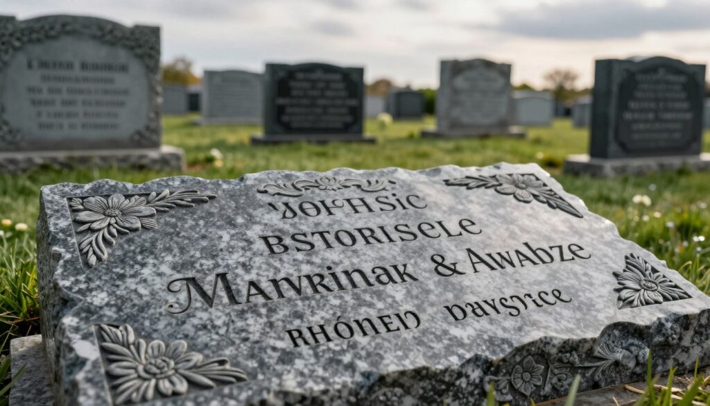A close-up of a beautifully designed gravestone featuring various styles of lettering, showcasing different fonts and sizes. The gravestone is made of dark polished granite, with intricate carvings of floral motifs surrounding the text. In the foreground, highlight the elegant letters etched onto the stone, emphasizing the fine detail and craftsmanship. The middle ground reveals additional gravestones with contrasting font styles, such as serif and sans-serif, illustrating variety in decorative choices. In the background, a serene cemetery setting with lush green grass and soft, diffused sunlight filtering through gentle clouds, creating a peaceful and contemplative atmosphere. The composition should emphasize the significance of font selection and its impact on memorialization, evoking a reflection on remembrance and the personal touch of inscriptions. A close-up of a beautifully designed gravestone featuring various styles of lettering, showcasing different fonts and sizes. The gravestone is made of dark polished granite, with intricate carvings of floral motifs surrounding the text. In the foreground, highlight the elegant letters etched onto the stone, emphasizing the fine detail and craftsmanship. The middle ground reveals additional gravestones with contrasting font styles, such as serif and sans-serif, illustrating variety in decorative choices. In the background, a serene cemetery setting with lush green grass and soft, diffused sunlight filtering through gentle clouds, creating a peaceful and contemplative atmosphere. The composition should emphasize the significance of font selection and its impact on memorialization, evoking a reflection on remembrance and the personal touch of inscriptions.