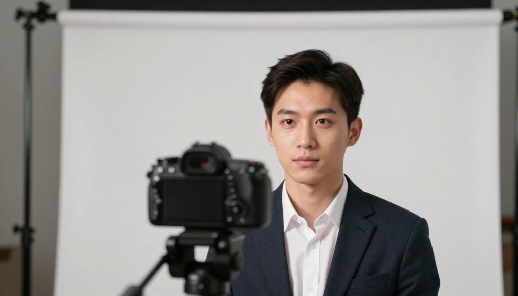 A close-up of a biometric ID photo setup in a professional studio. The foreground features a crisp, clean photo backdrop in a neutral color, with soft, even lighting illuminating the subject. In the middle, a well-groomed individual in smart casual attire sits against the backdrop, looking directly at the camera with a natural expression. The subject is framed head-and-shoulders, ensuring clear visibility of facial features, with a slight soft focus effect on the background to enhance emphasis. The lighting is soft and flattering, creating a professional and approachable atmosphere. A camera on tripod with a standard lens is positioned in front, showcasing the technical setup. The mood is focused and serious, reflecting the importance of proper preparation for biometric photography. A close-up of a biometric ID photo setup in a professional studio. The foreground features a crisp, clean photo backdrop in a neutral color, with soft, even lighting illuminating the subject. In the middle, a well-groomed individual in smart casual attire sits against the backdrop, looking directly at the camera with a natural expression. The subject is framed head-and-shoulders, ensuring clear visibility of facial features, with a slight soft focus effect on the background to enhance emphasis. The lighting is soft and flattering, creating a professional and approachable atmosphere. A camera on tripod with a standard lens is positioned in front, showcasing the technical setup. The mood is focused and serious, reflecting the importance of proper preparation for biometric photography.