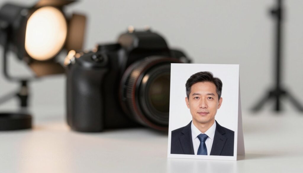 A close-up of a professional passport photo setup on a clean, neutral background. In the foreground, a well-lit, sharp image of a passport photo framed, showing a middle-aged individual wearing smart business attire, with a plain expression. The middle section depicts a soft-focused camera with a professional lighting setup, reflecting a warm, inviting atmosphere. The background is minimalistic, emphasizing the importance of the passport photo, with hints of photography equipment subtly blurred. Soft natural light creates a flattering effect, and the overall mood conveys professionalism and clarity, suitable for an article discussing factors affecting the cost and requirements of passport photographs. A close-up of a professional passport photo setup on a clean, neutral background. In the foreground, a well-lit, sharp image of a passport photo framed, showing a middle-aged individual wearing smart business attire, with a plain expression. The middle section depicts a soft-focused camera with a professional lighting setup, reflecting a warm, inviting atmosphere. The background is minimalistic, emphasizing the importance of the passport photo, with hints of photography equipment subtly blurred. Soft natural light creates a flattering effect, and the overall mood conveys professionalism and clarity, suitable for an article discussing factors affecting the cost and requirements of passport photographs.