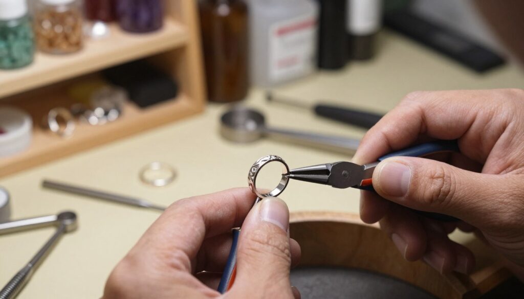 A close-up of a silver ring being resized in a professional jeweler's workshop. In the foreground, focus on the ring, showcasing its intricate design and shiny surface, with a jeweler's hands skillfully using pliers and a soldering tool to adjust its size. The middle ground features a well-organized workbench with various tools and materials, illuminated by soft, warm lighting that highlights the elegance of the silver. In the background, shelves filled with gemstones and jewelry supplies create a sense of an expert environment. The atmosphere is focused and meticulous, underscoring the careful and precise nature of resizing a silver ring. The overall composition is rich in detail and craftsmanship, inviting viewers into the world of jewelry alteration. A close-up of a silver ring being resized in a professional jeweler's workshop. In the foreground, focus on the ring, showcasing its intricate design and shiny surface, with a jeweler's hands skillfully using pliers and a soldering tool to adjust its size. The middle ground features a well-organized workbench with various tools and materials, illuminated by soft, warm lighting that highlights the elegance of the silver. In the background, shelves filled with gemstones and jewelry supplies create a sense of an expert environment. The atmosphere is focused and meticulous, underscoring the careful and precise nature of resizing a silver ring. The overall composition is rich in detail and craftsmanship, inviting viewers into the world of jewelry alteration.