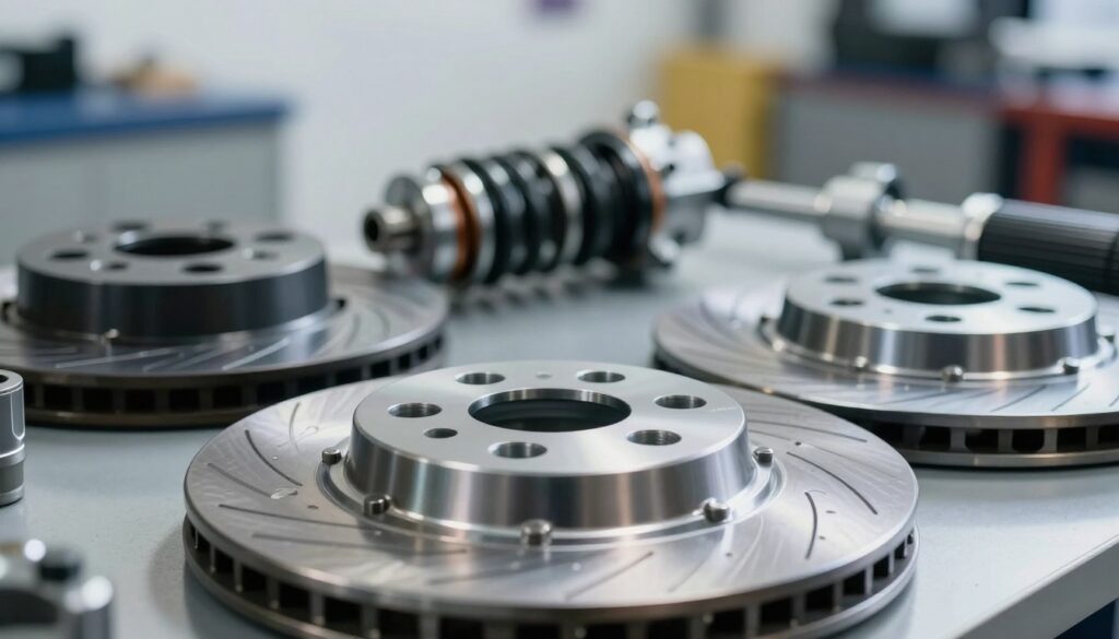 A close-up of high-quality car parts, specifically featuring the Ashika brand logo prominently displayed. In the foreground, showcase a polished automotive component, like a brake disc or suspension part, with intricate detailing and a shiny metallic finish. The middle ground should include additional Ashika parts arranged aesthetically, highlighting their design and craftsmanship. In the background, a blurred workshop setting with soft, diffused lighting creates a professional, clean atmosphere, emphasizing the focus on quality. Use a shallow depth of field to draw attention to the foreground elements while softly blurring the background. The overall mood is serious and informative, inviting viewers to assess the quality of Ashika automotive parts. A close-up of high-quality car parts, specifically featuring the Ashika brand logo prominently displayed. In the foreground, showcase a polished automotive component, like a brake disc or suspension part, with intricate detailing and a shiny metallic finish. The middle ground should include additional Ashika parts arranged aesthetically, highlighting their design and craftsmanship. In the background, a blurred workshop setting with soft, diffused lighting creates a professional, clean atmosphere, emphasizing the focus on quality. Use a shallow depth of field to draw attention to the foreground elements while softly blurring the background. The overall mood is serious and informative, inviting viewers to assess the quality of Ashika automotive parts.